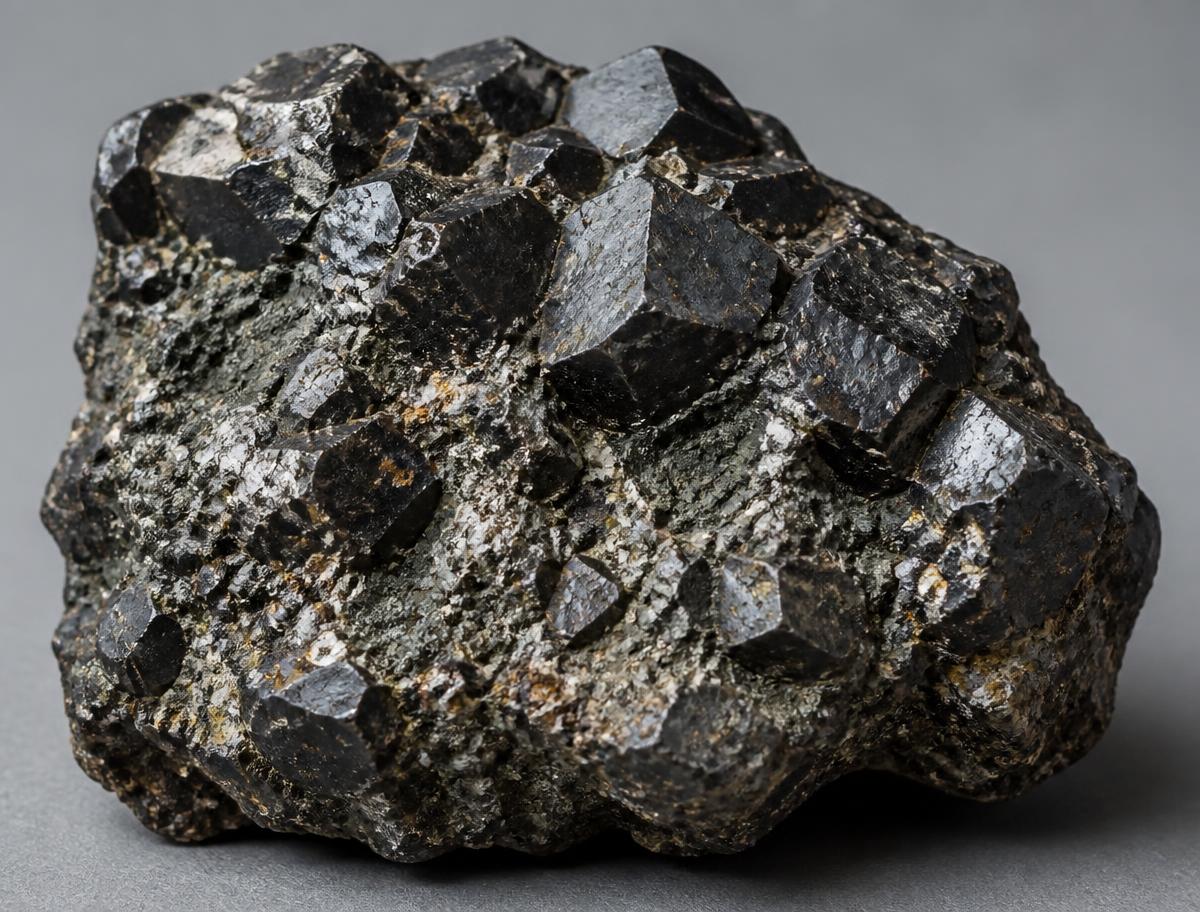 Raw chromite ore specimen showing dense black crystalline mineral grains