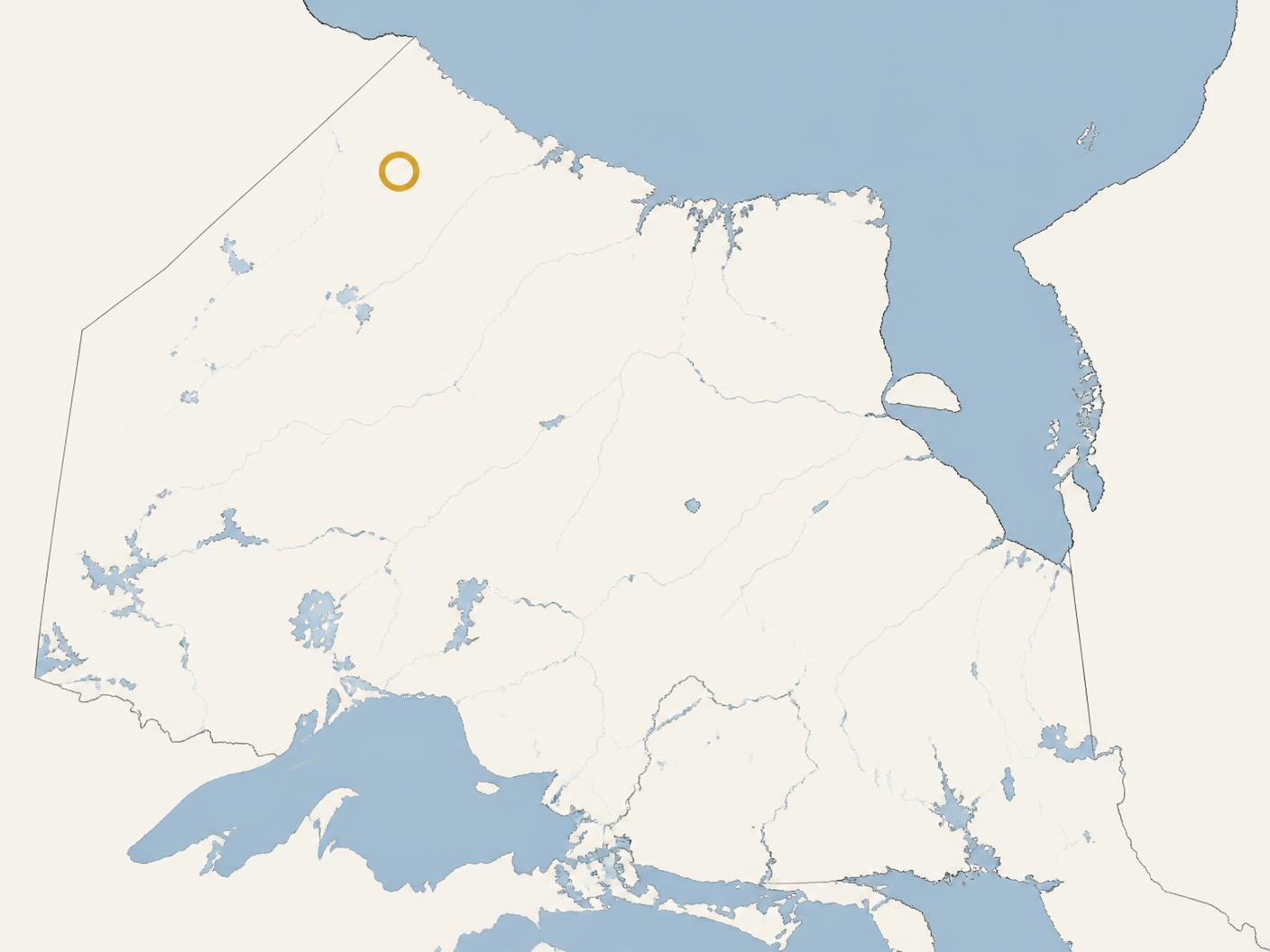 Locator map of Northern Ontario showing the approximate position of the Ring of Fire mineral district northwest of James Bay